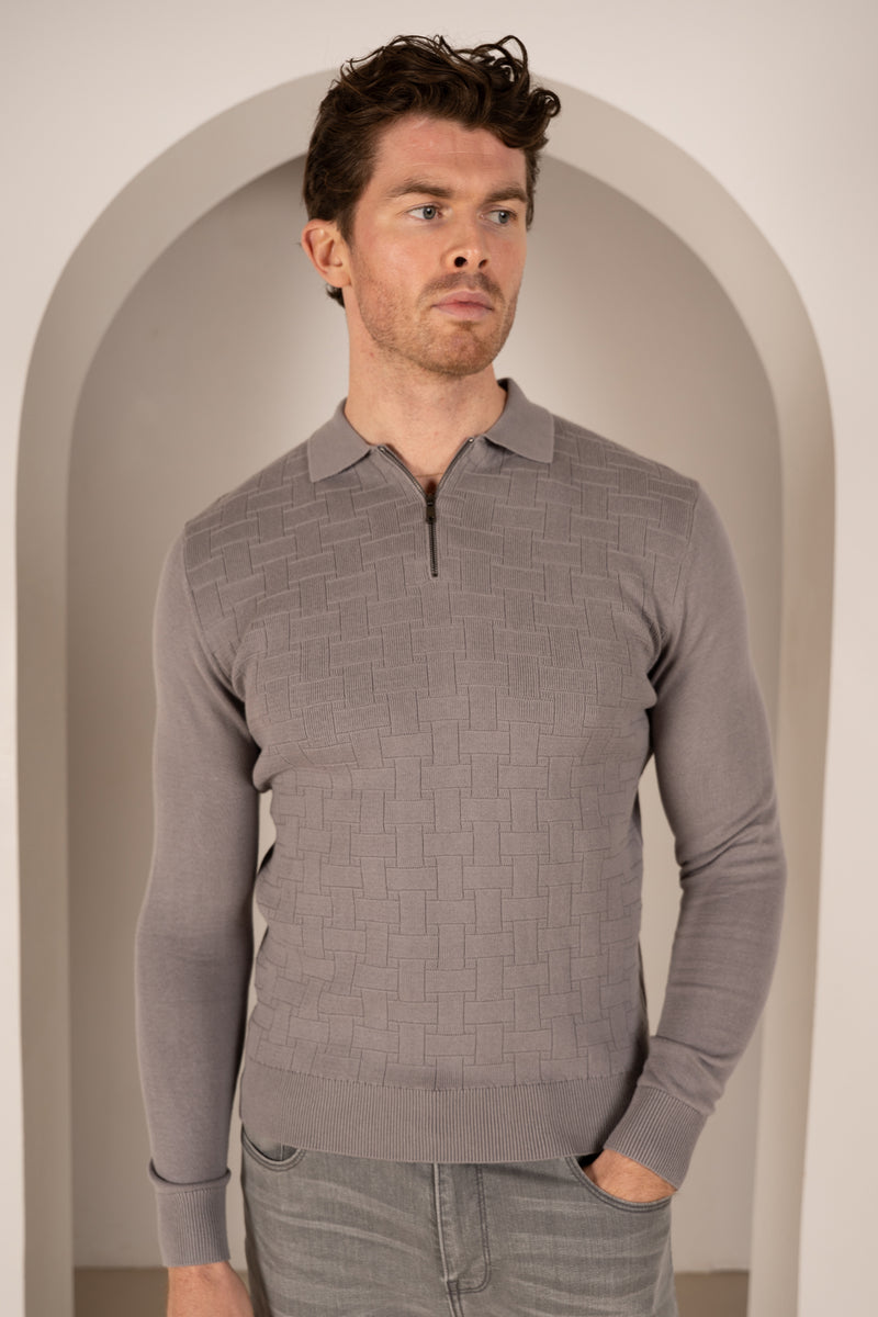 Geometric Long Sleeve Polo - Light Grey