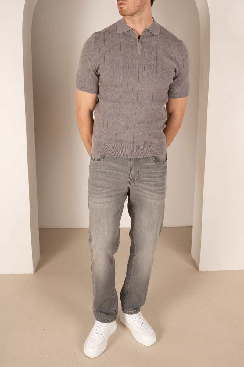 Geometric Knitted Quarter Zip Polo Shirt - Grey