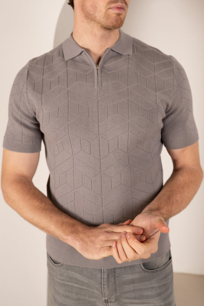 Geometric Knitted Quarter Zip Polo Shirt - Grey