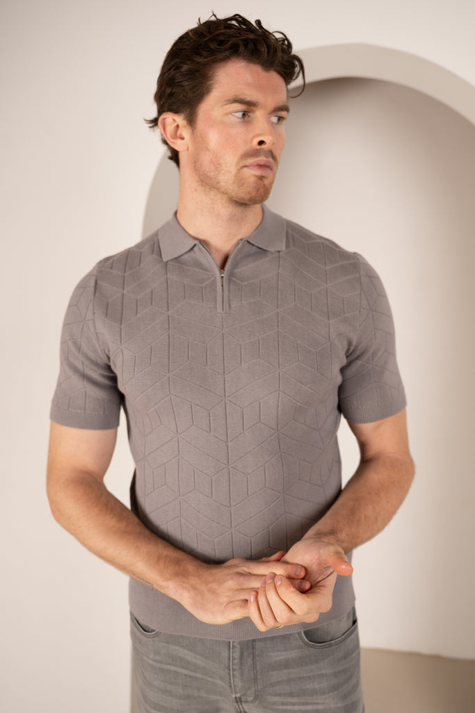 Geometric Knitted Quarter Zip Polo Shirt - Grey
