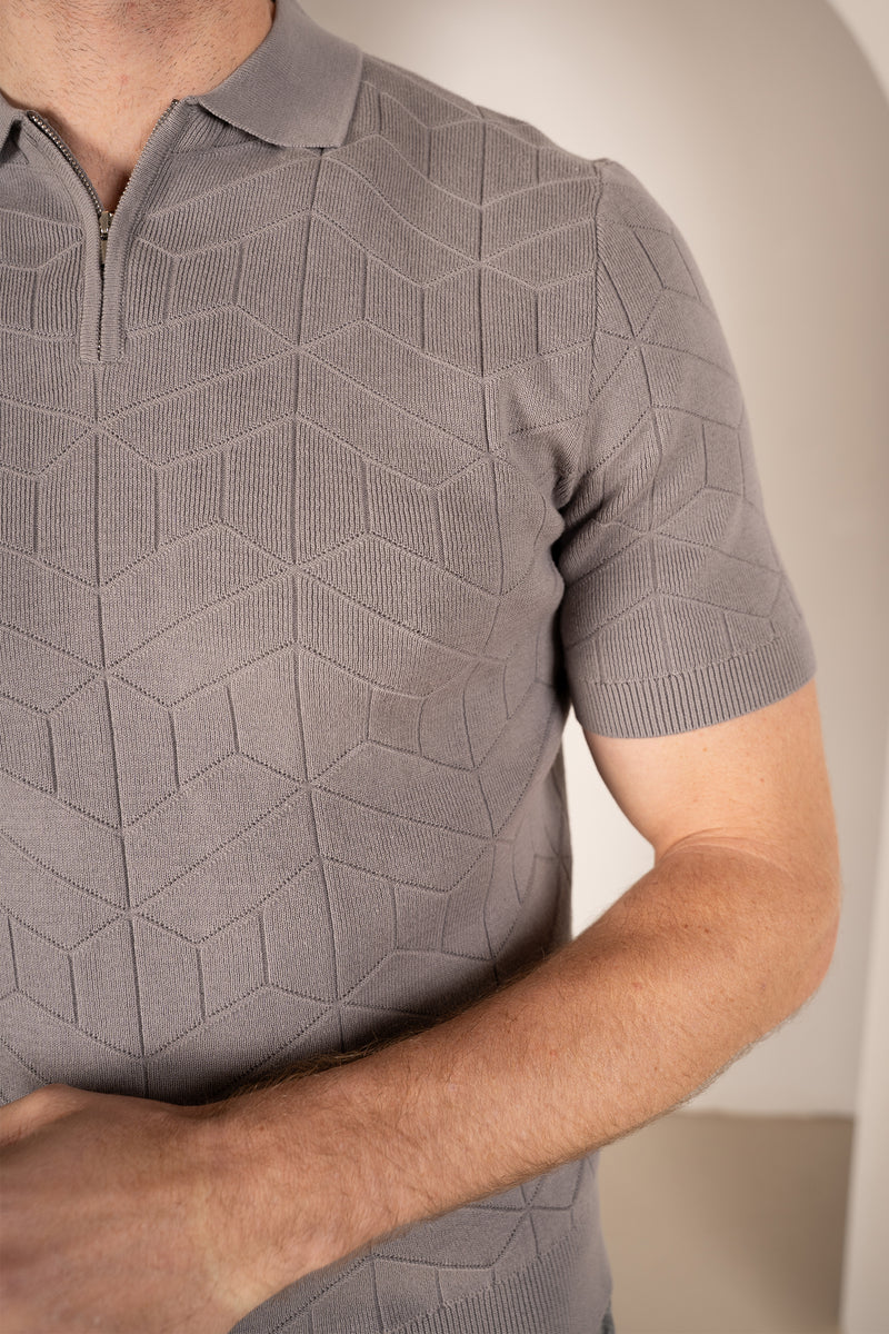 Geometric Knitted Quarter Zip Polo Shirt - Grey