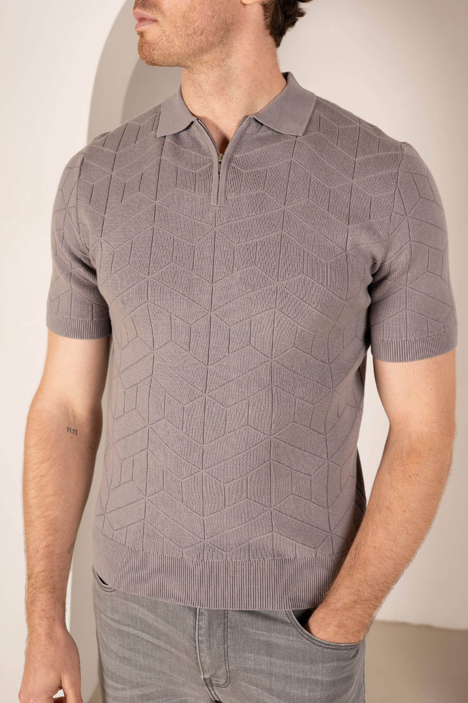 Geometric Knitted Quarter Zip Polo Shirt - Grey