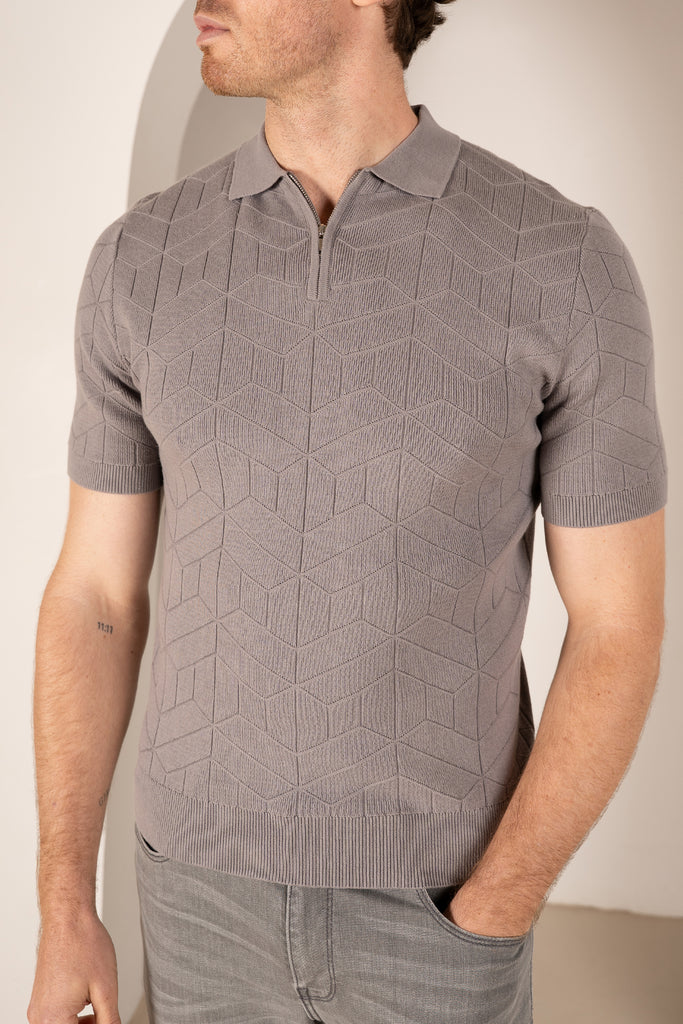 Geometric Knitted Quarter Zip Polo Shirt - Grey