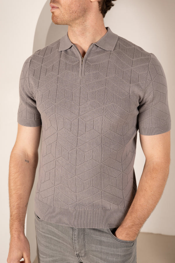 Geometric Knitted Quarter Zip Polo Shirt - Grey