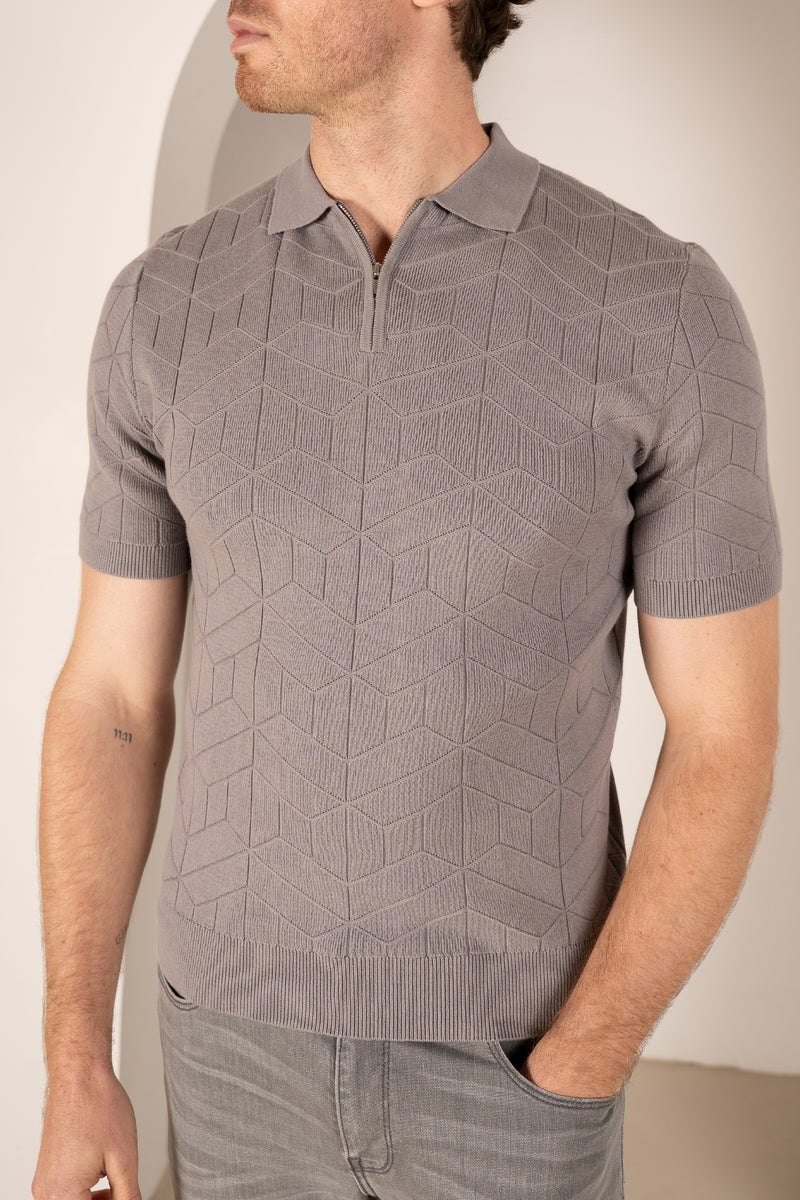 Geometric Knitted Quarter Zip Polo Shirt - Grey