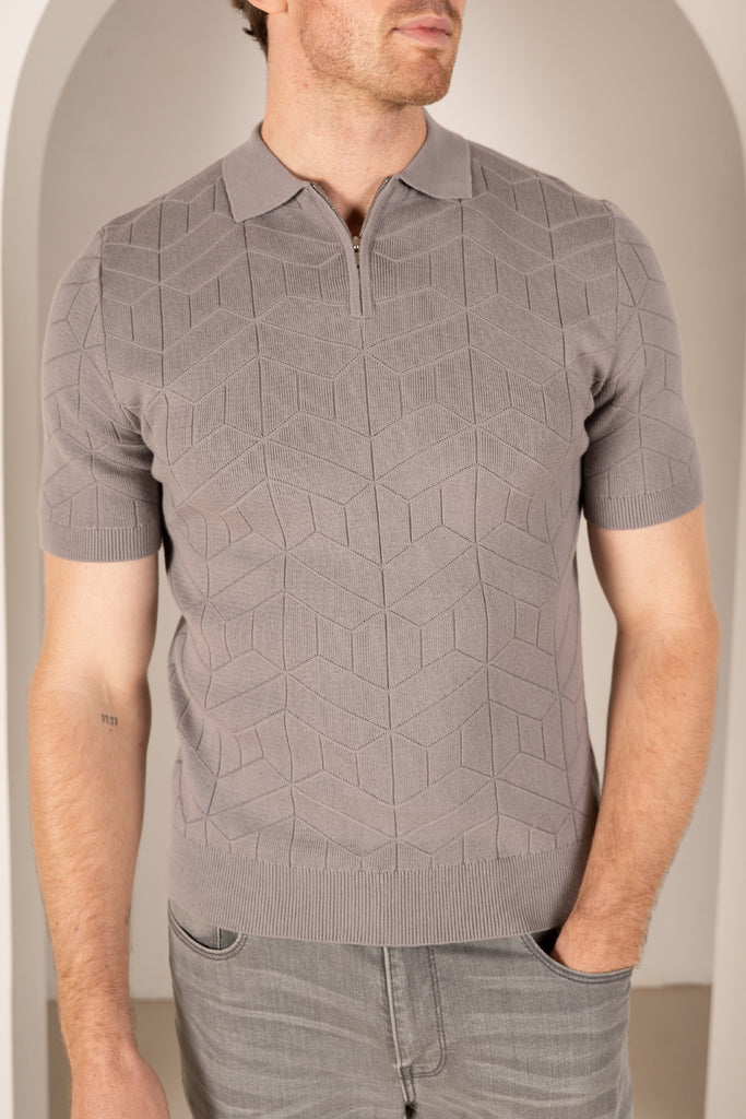 Geometric Knitted Quarter Zip Polo Shirt - Grey