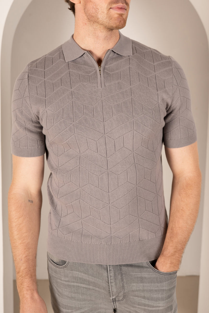 Geometric Knitted Quarter Zip Polo Shirt - Grey