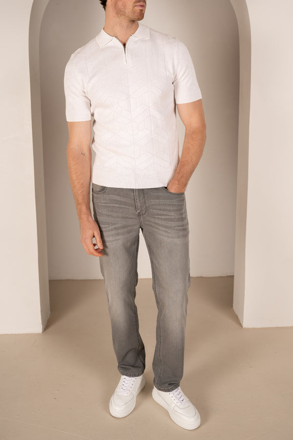 Geometric Knitted Quarter Zip Polo Shirt - White