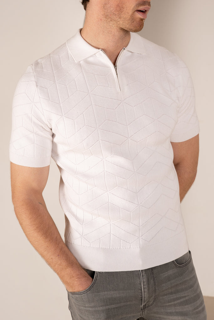 Geometric Knitted Quarter Zip Polo Shirt - White