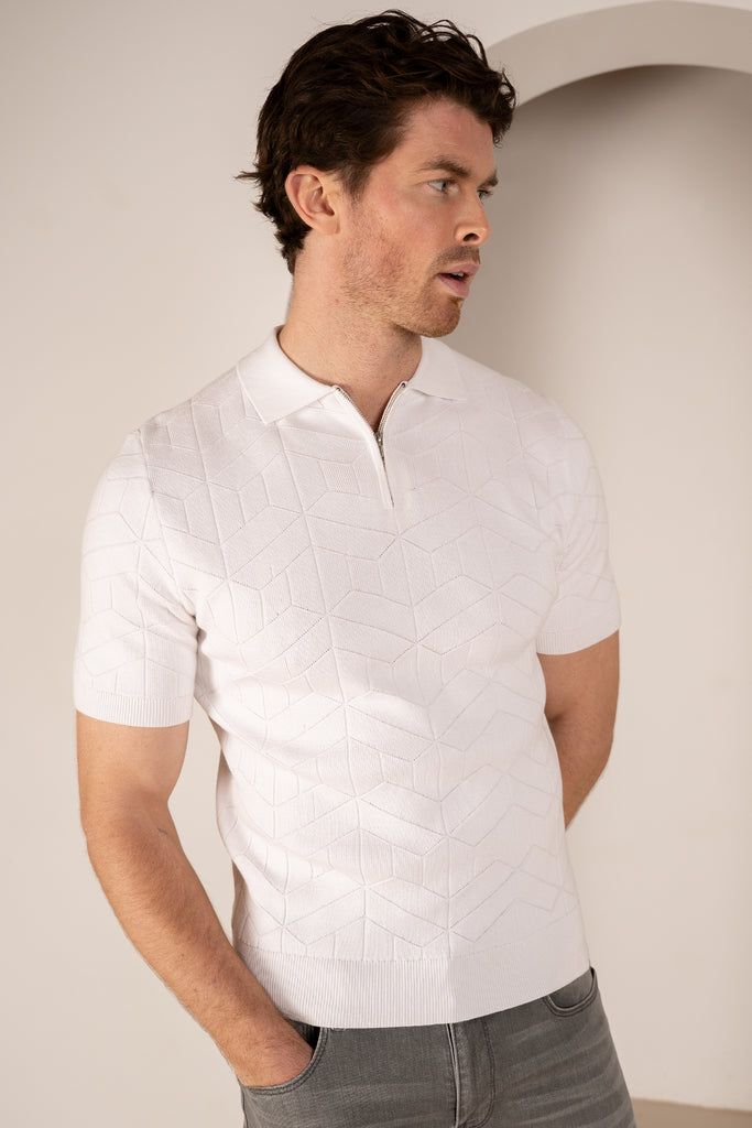Geometric Knitted Quarter Zip Polo Shirt - White