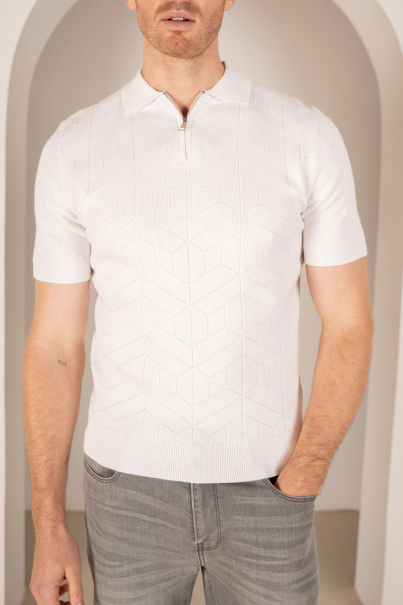 Geometric Knitted Quarter Zip Polo Shirt - White