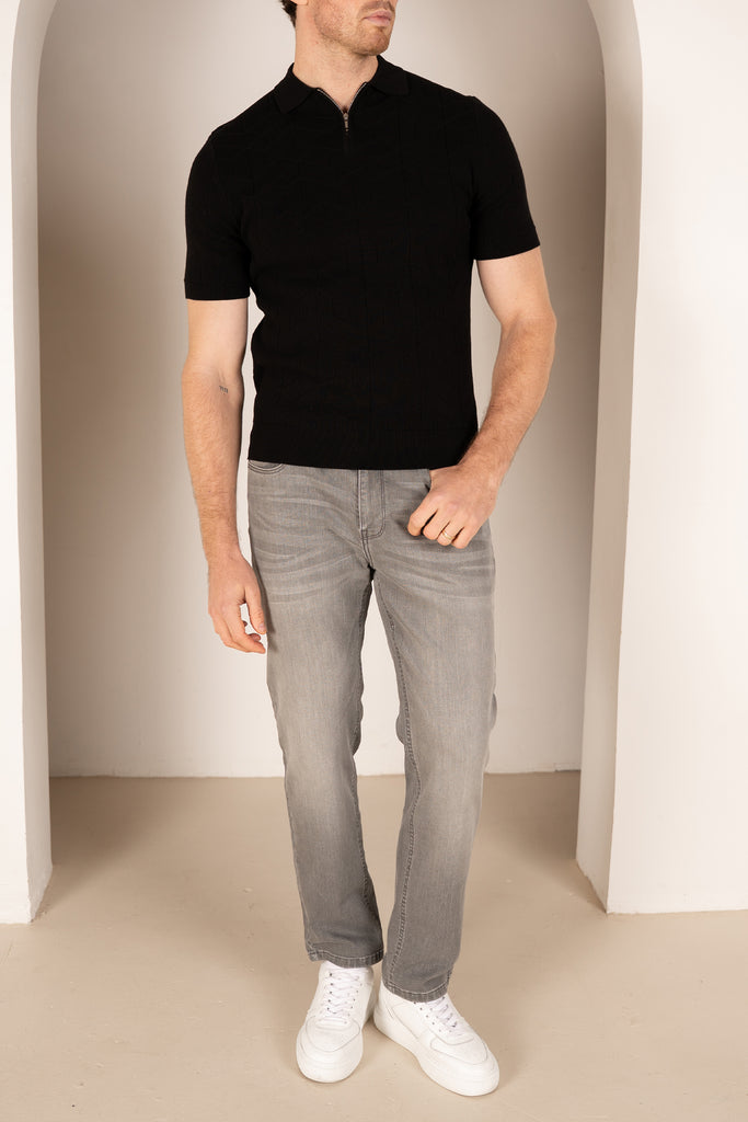 Geometric Knitted Quarter Zip Polo Shirt - Black