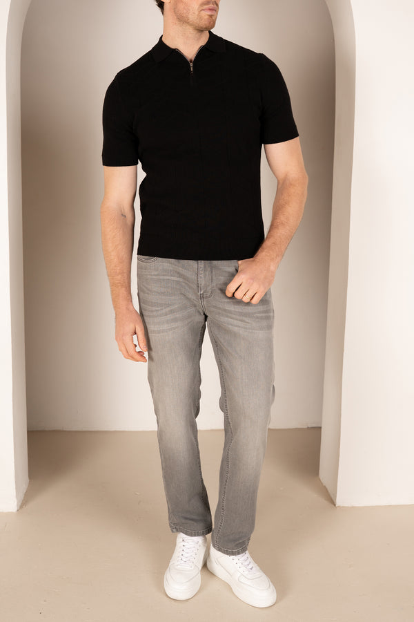 Geometric Knitted Quarter Zip Polo Shirt - Black