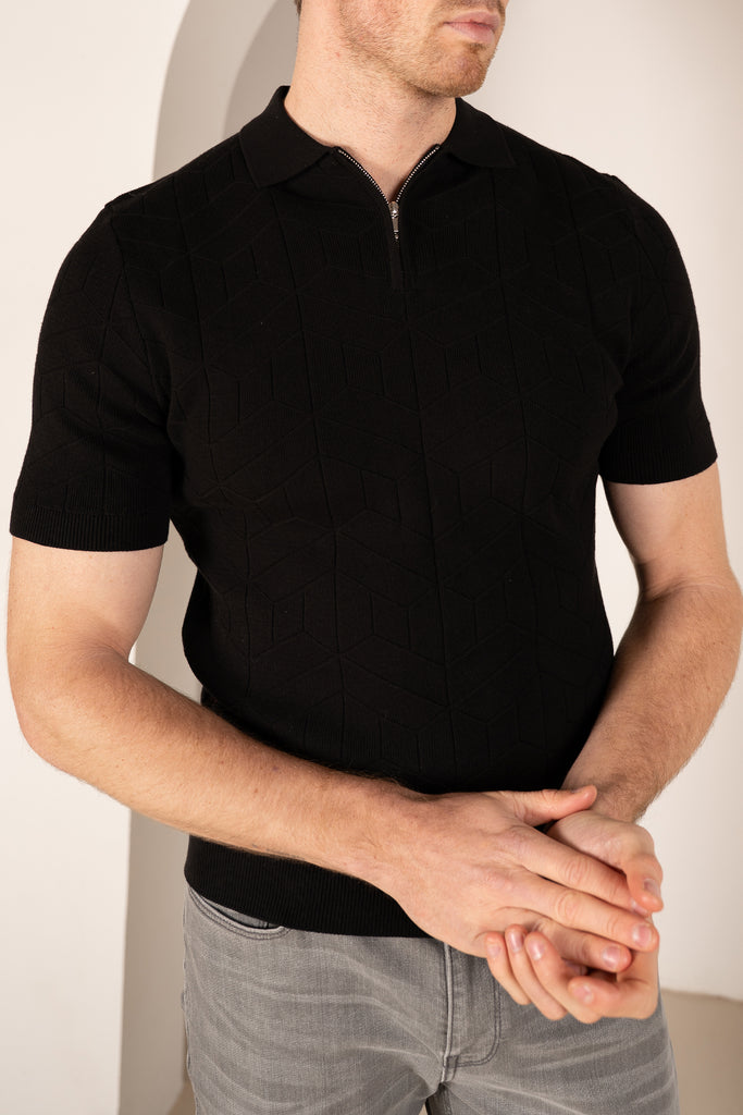 Geometric Knitted Quarter Zip Polo Shirt - Black