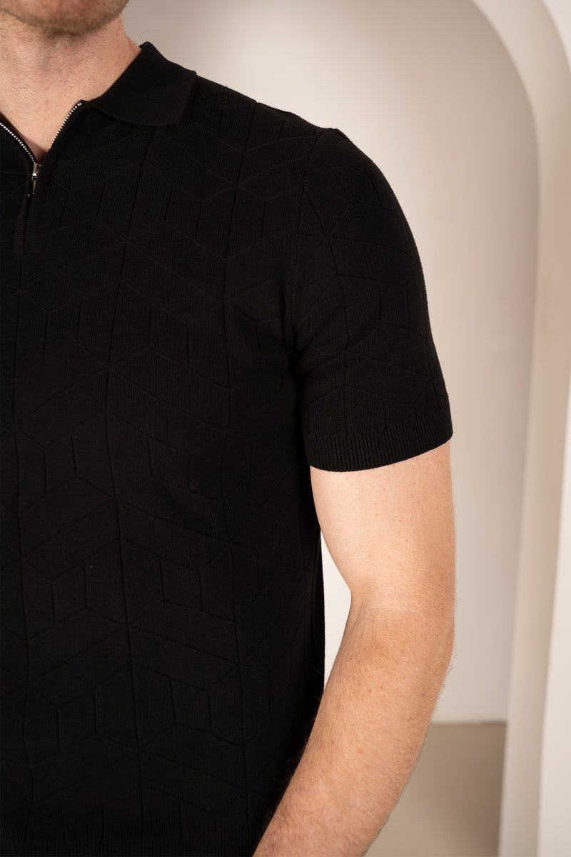 Geometric Knitted Quarter Zip Polo Shirt - Black