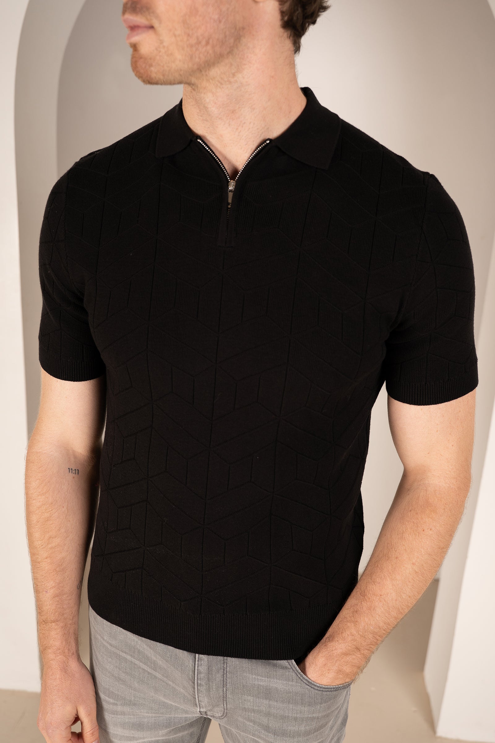 Geometric Knitted Quarter Zip Polo Shirt - Black