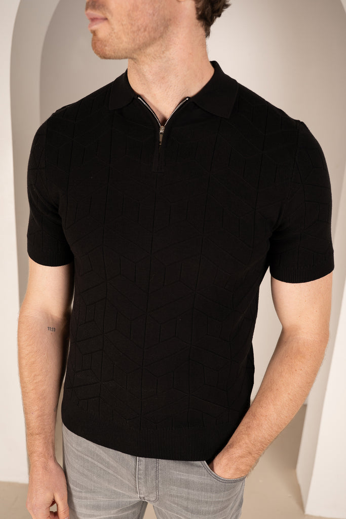Geometric Knitted Quarter Zip Polo Shirt - Black