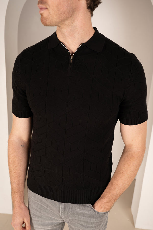 Geometric Knitted Quarter Zip Polo Shirt - Black