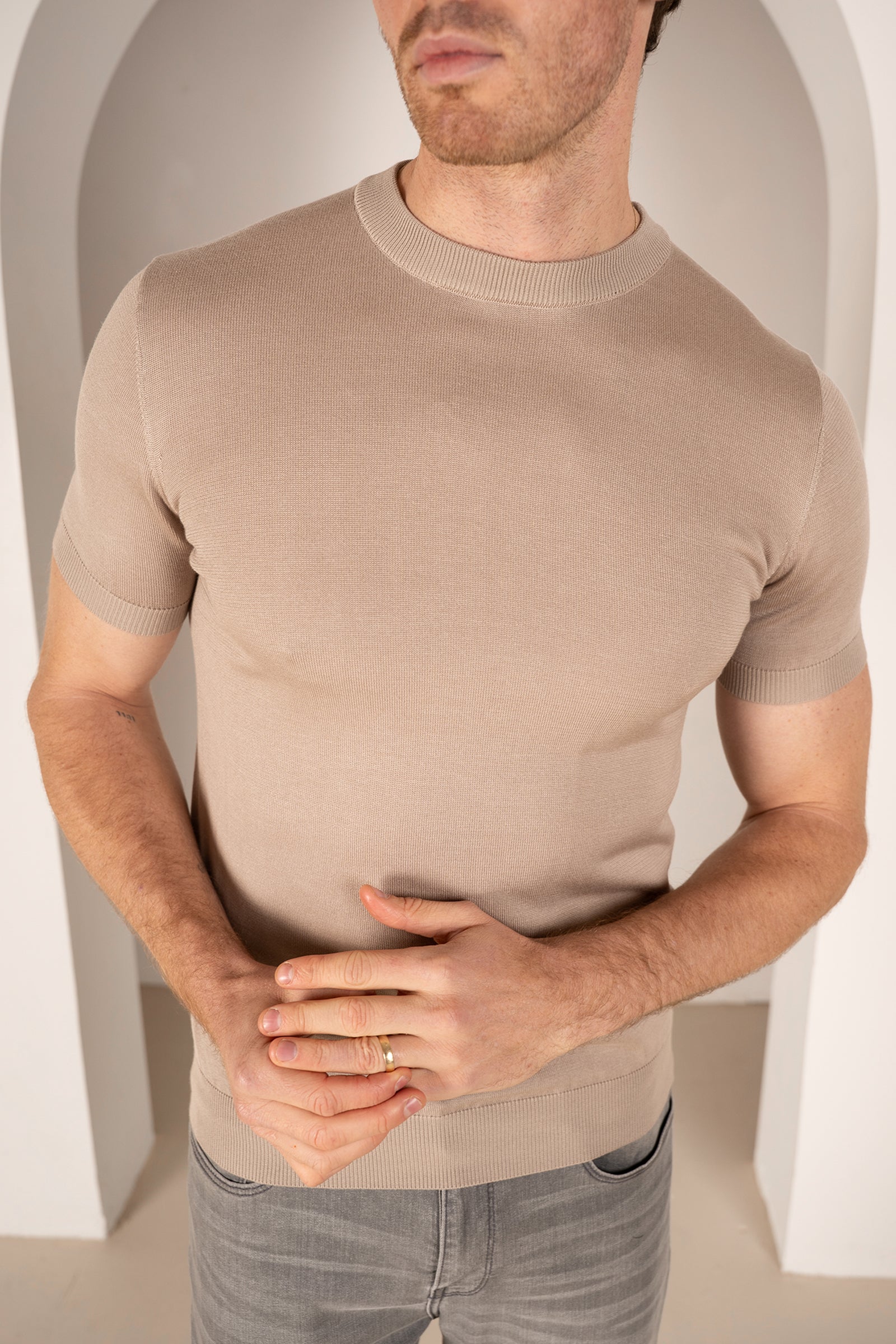 Ultra Fine Slim Fit Knit T-Shirt - Stone