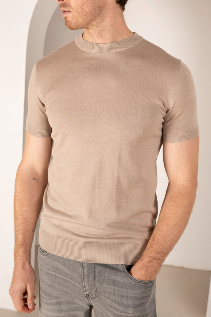 Ultra Fine Slim Fit Knit T-Shirt - Stone