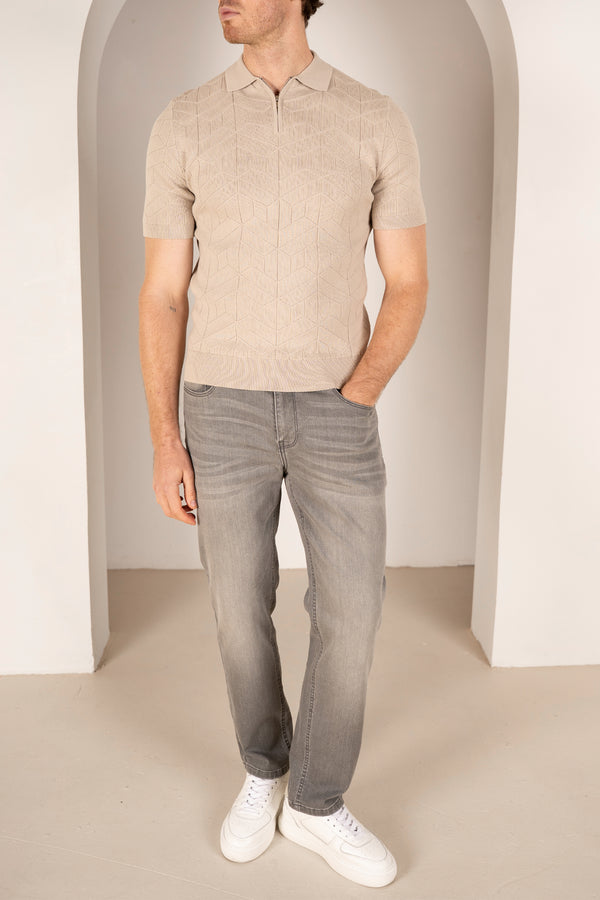 Geometric Knitted Quarter Zip Polo Shirt - Stone