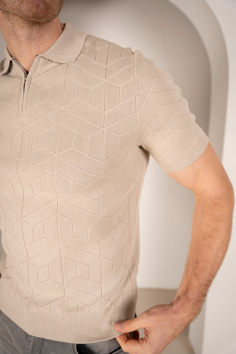 Geometric Knitted Quarter Zip Polo Shirt - Stone