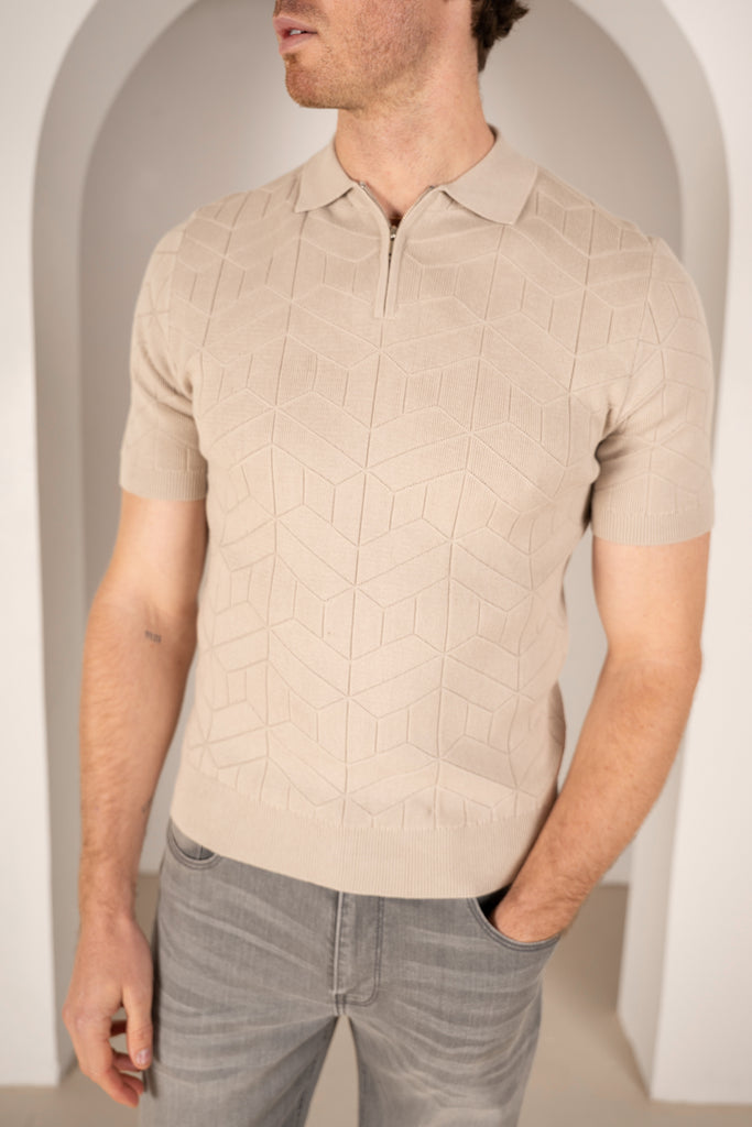 Geometric Knitted Quarter Zip Polo Shirt - Stone
