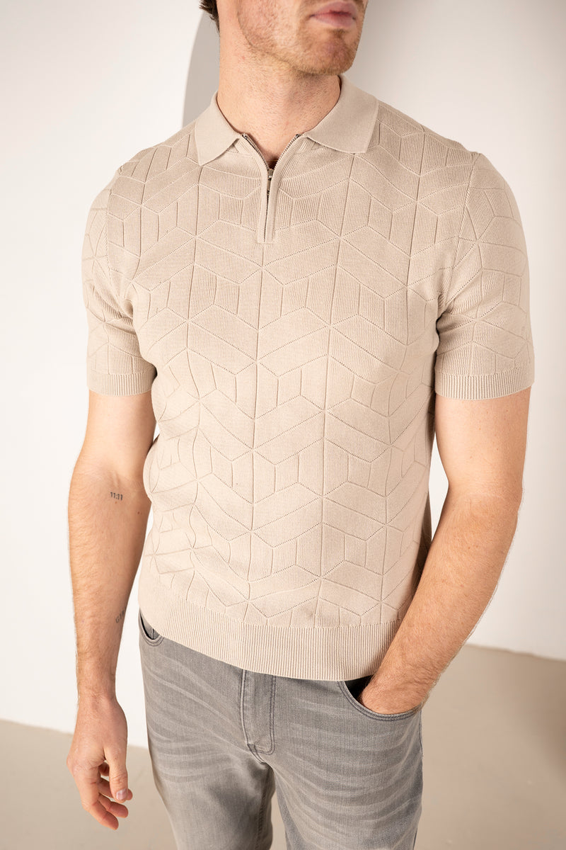 Geometric Knitted Quarter Zip Polo Shirt - Stone