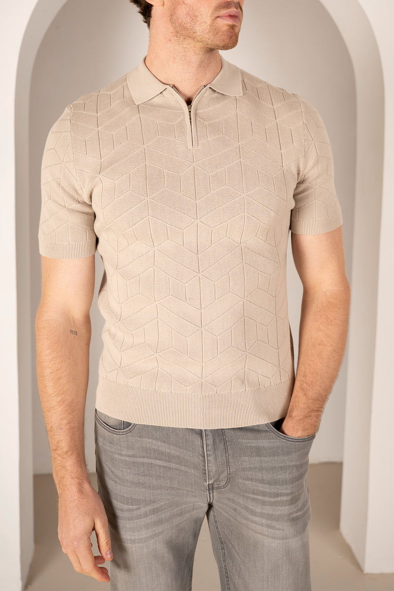 Geometric Knitted Quarter Zip Polo Shirt - Stone