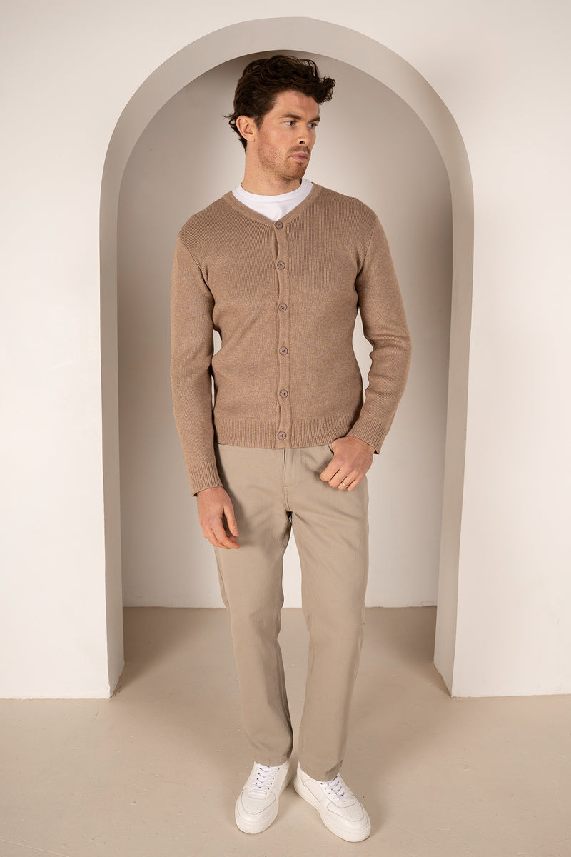 Y Neck Button Up Cardigan - Oatmeal