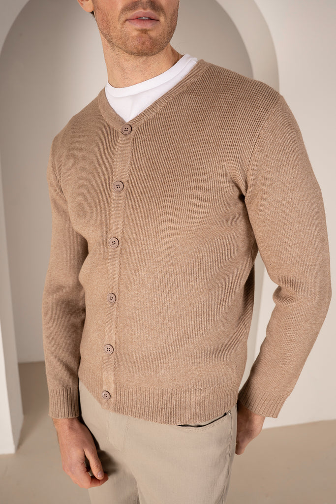 Y Neck Button Up Cardigan - Oatmeal