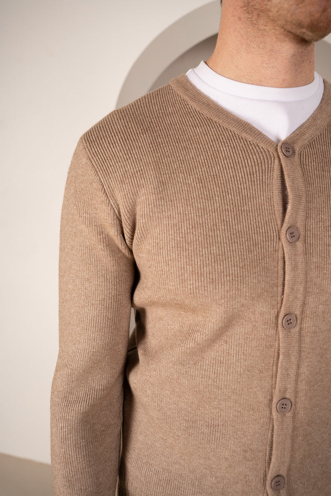 Y Neck Button Up Cardigan - Oatmeal