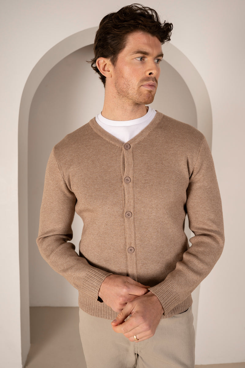 Y Neck Button Up Cardigan - Oatmeal