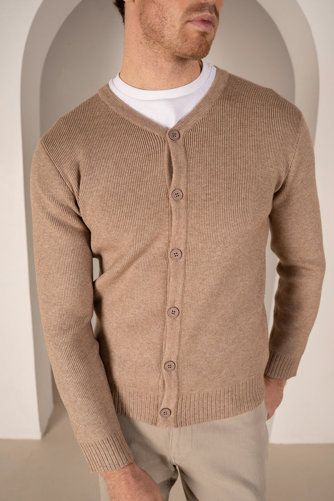 Y Neck Button Up Cardigan - Oatmeal