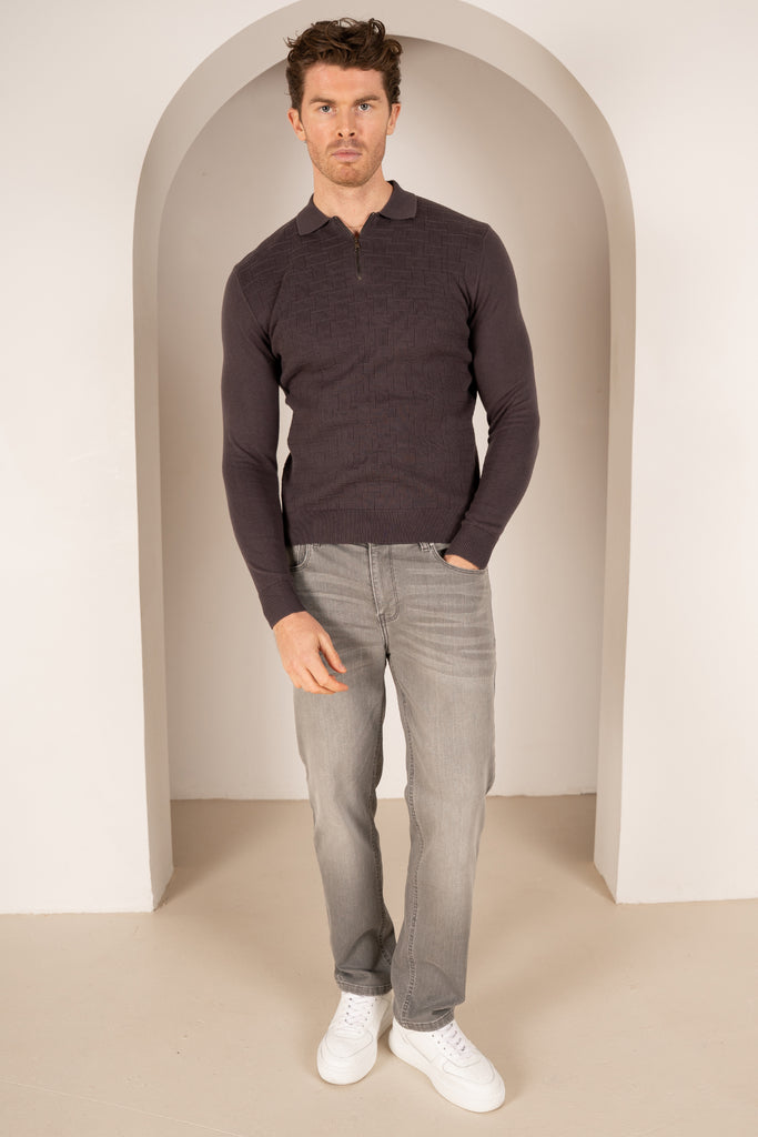 Polo zippé à manches longues en tricot haut de gamme - Taupe