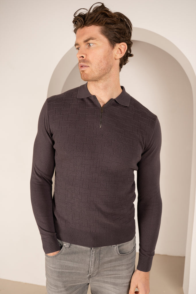 Polo zippé à manches longues en tricot haut de gamme - Taupe