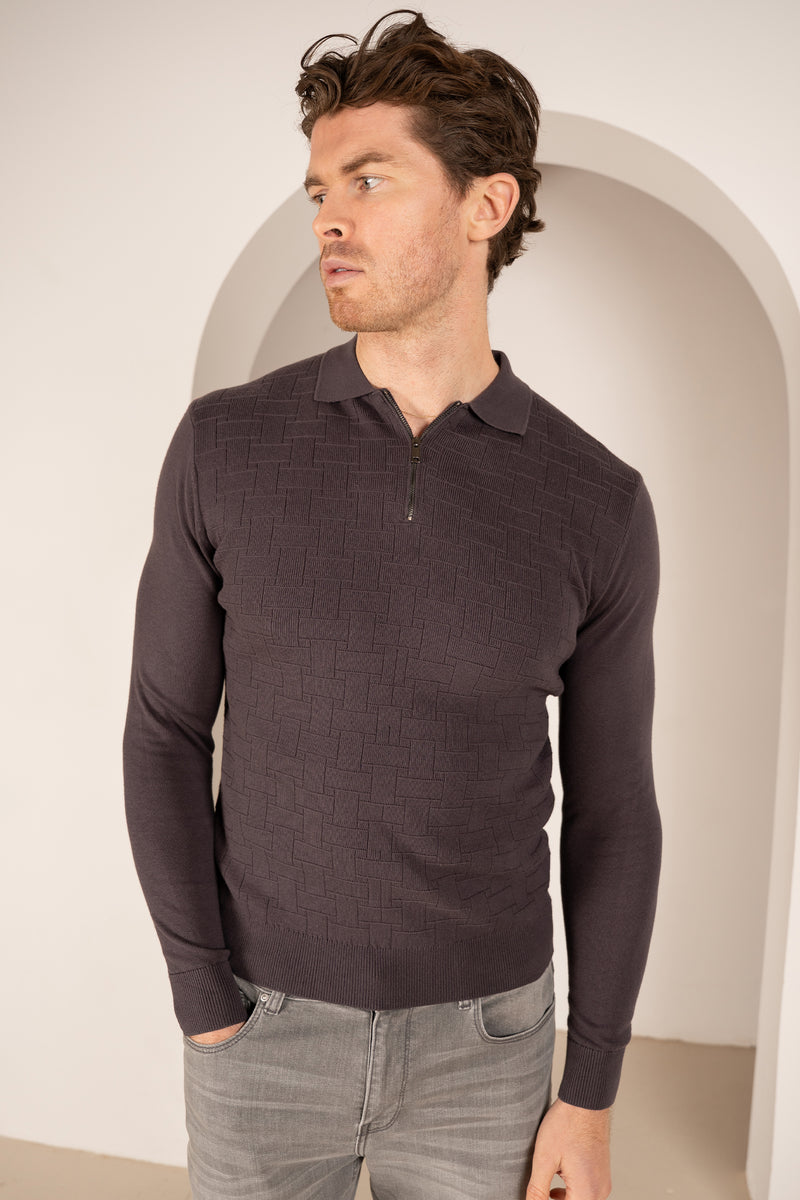 Polo zippé à manches longues en tricot haut de gamme - Taupe