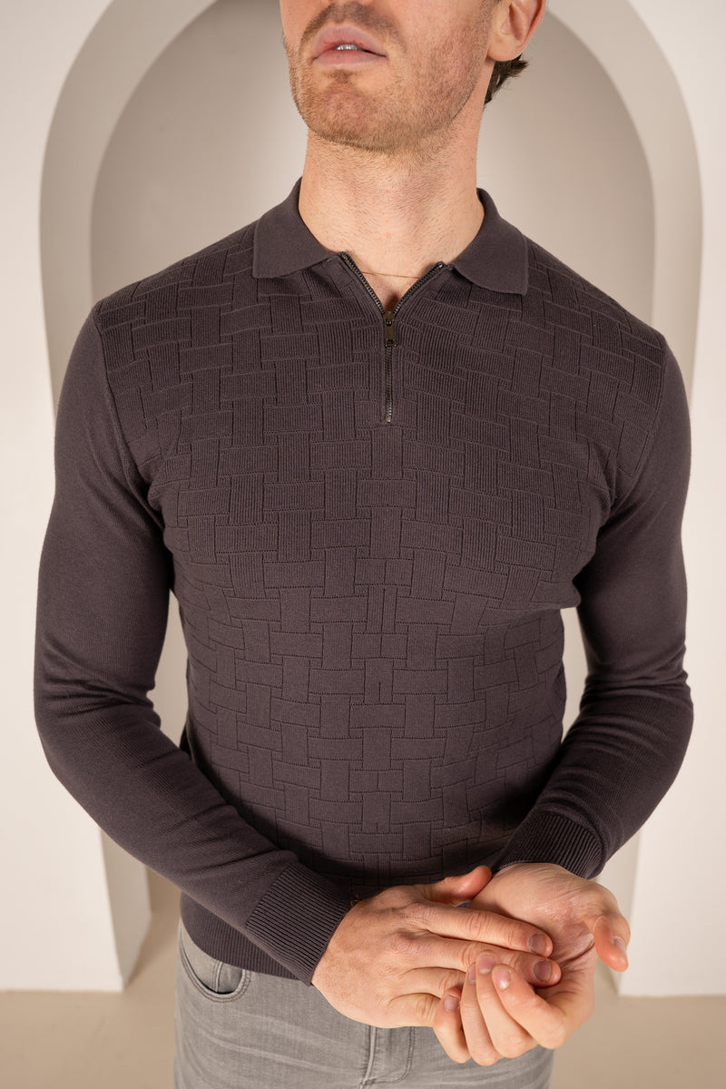 Polo zippé à manches longues en tricot haut de gamme - Taupe