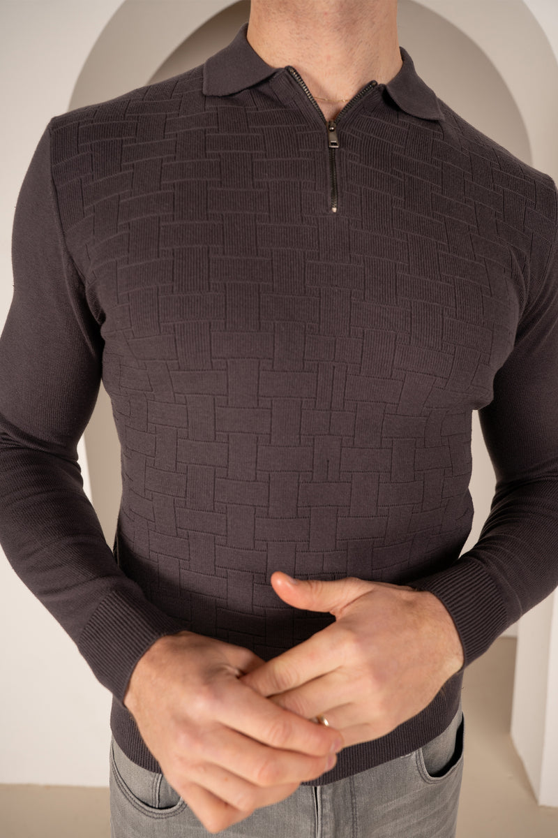 Polo zippé à manches longues en tricot haut de gamme - Taupe