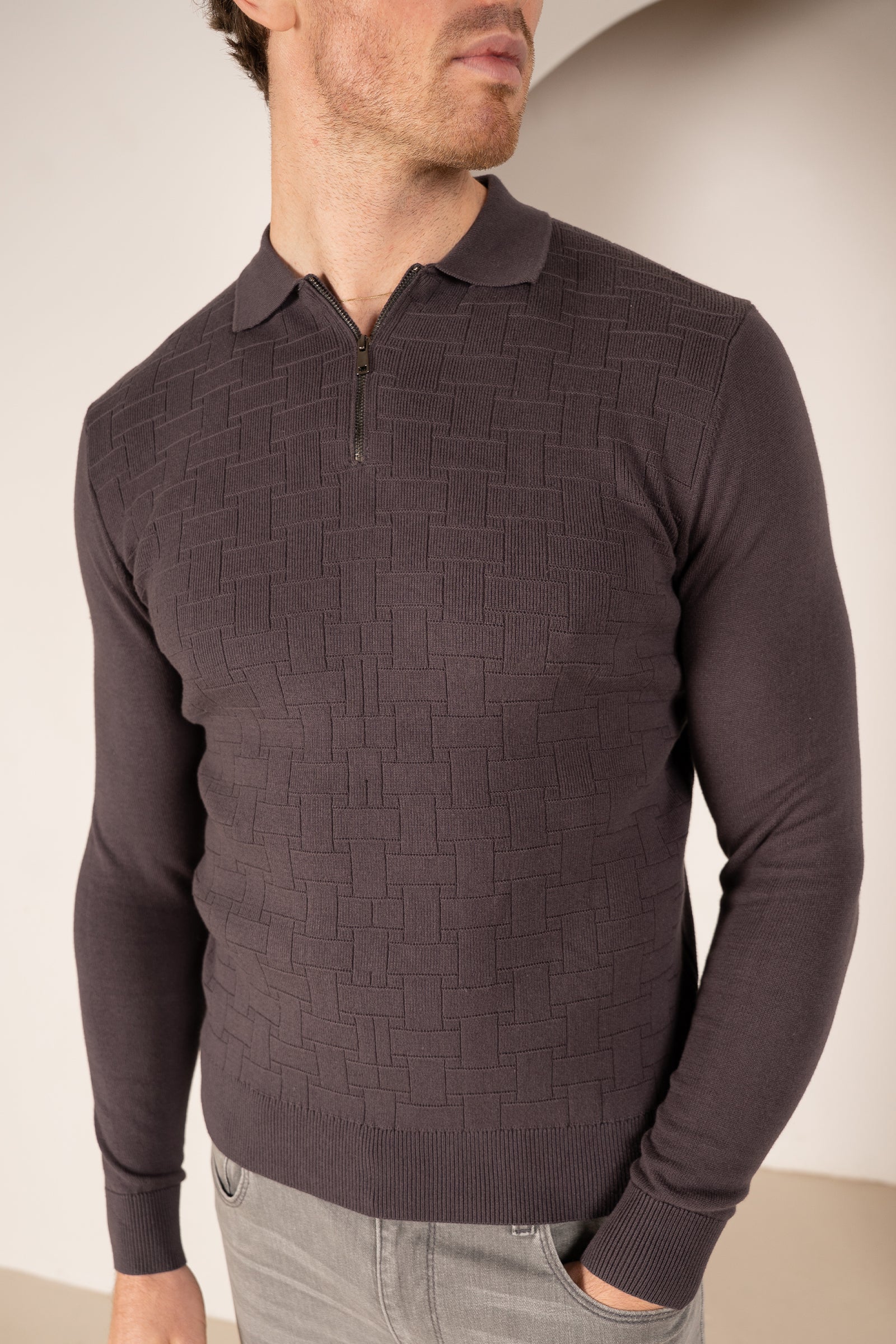 Geometric Long Sleeve Polo - Charcoal