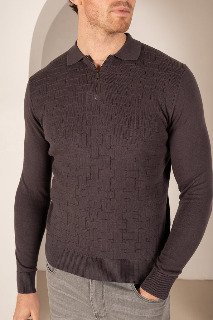 Polo zippé à manches longues en tricot haut de gamme - Taupe