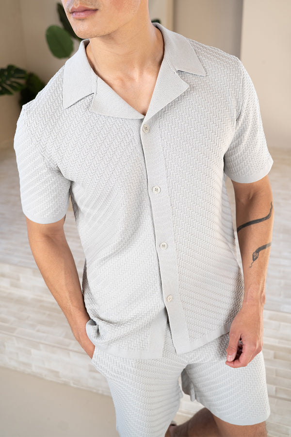 Herringbone Revere Collar Shirt - Grey