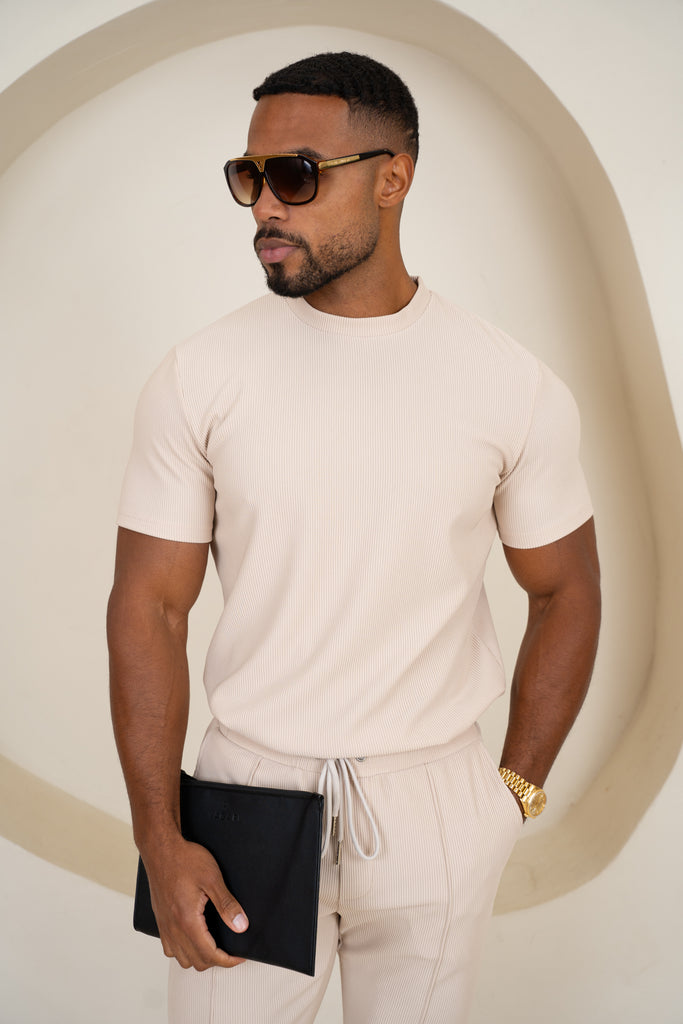 Pleated Slim Fit T-Shirt - Taupe