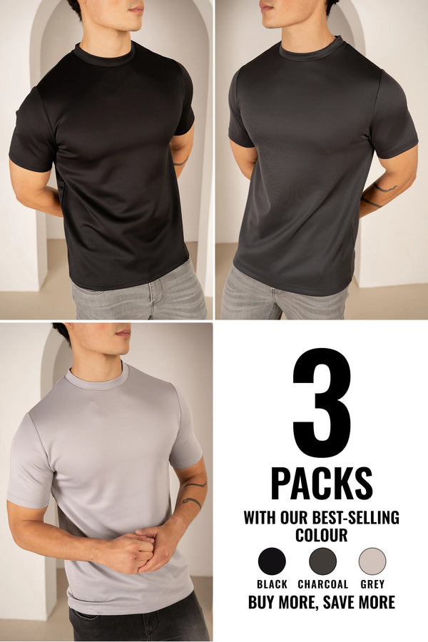 Premium Scuba Slim Fit T-Shirt - 3 Colours (Black, Charcoal and Grey) - 3 Pack