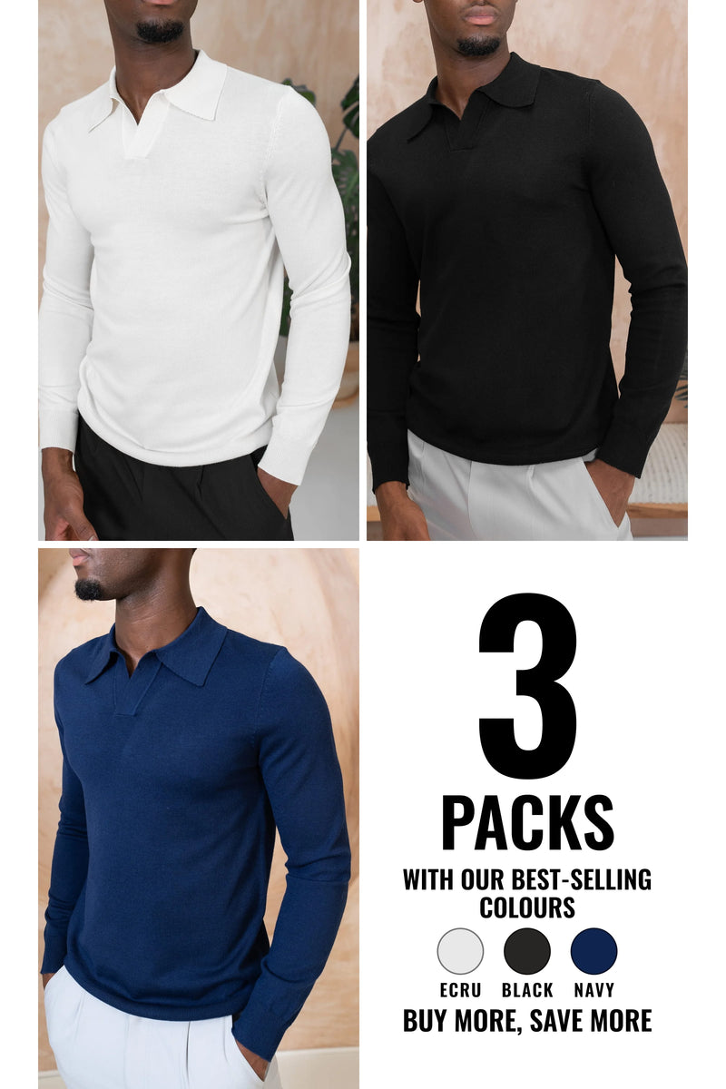 Premium Knitted Long Sleeve Open Neck Polo - 3 Colours Pack (Navy, Ecru, Black) - 3 Pack