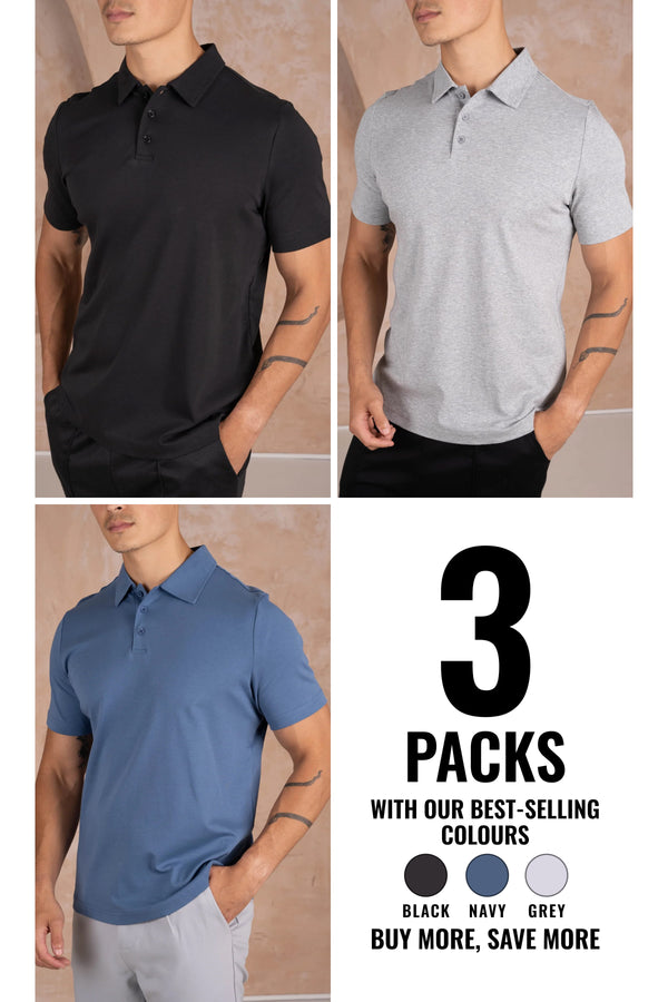 Premium Mercerised Cotton Polo - 3 Pack (Black, Grey, Navy)