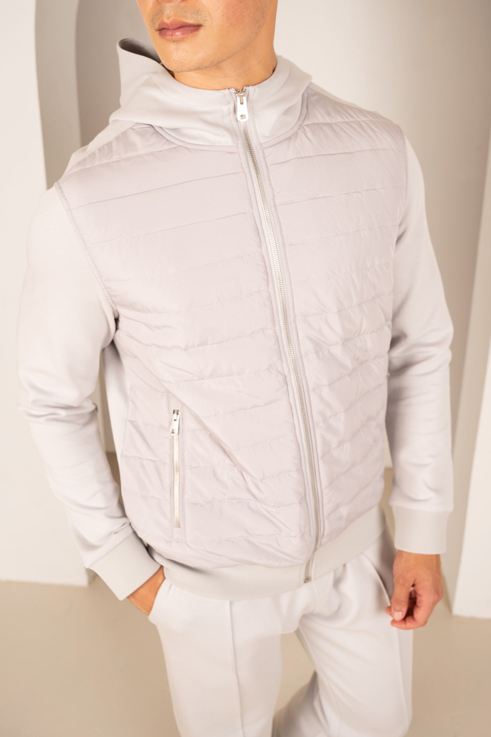 Hybrid Quilted Zip Through Hooded Jacket - Light Grey