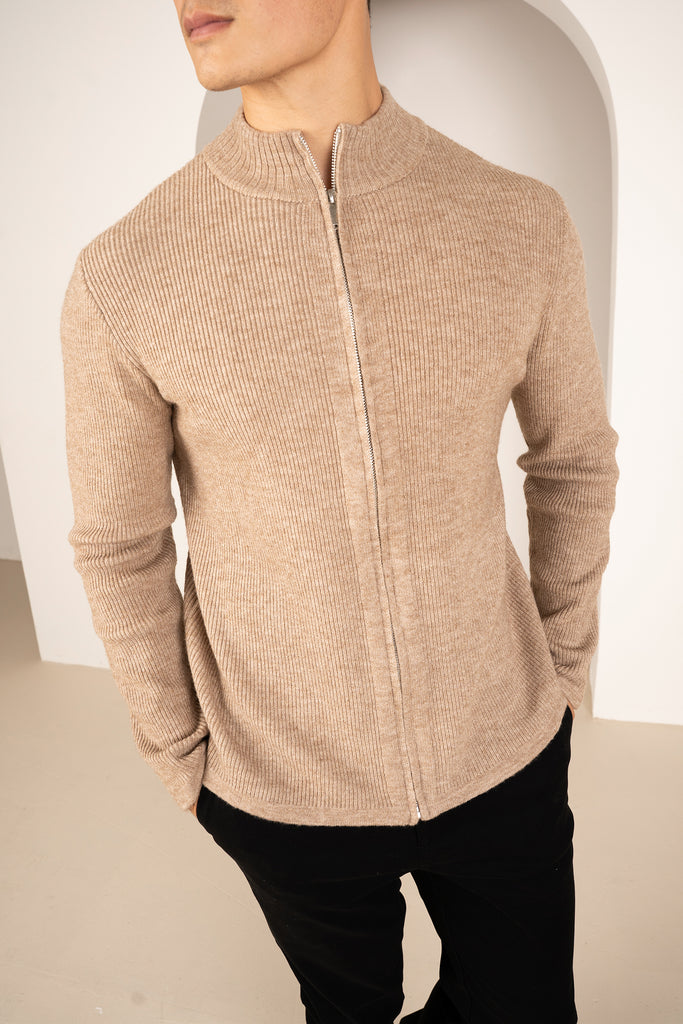 Ribbed Zip-Up Cardigan - Oatmeal