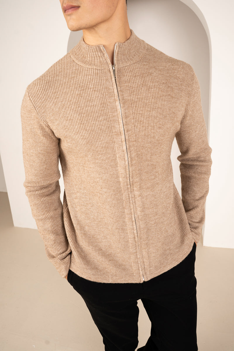 Ribbed Zip-Up Cardigan - Oatmeal