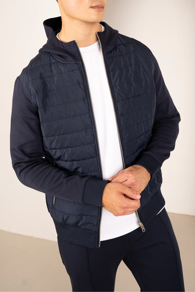Hybrid Quilted Zip Through Hooded Jacket - Navy